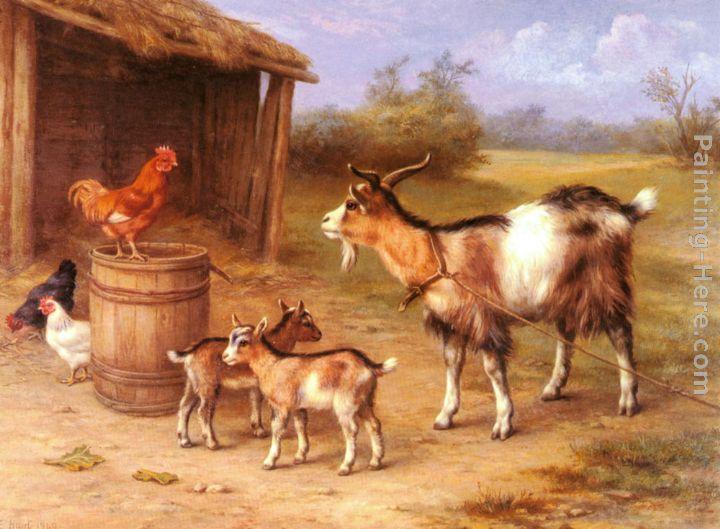 Edgar Hunt A Farmyard scene with goats and chickens